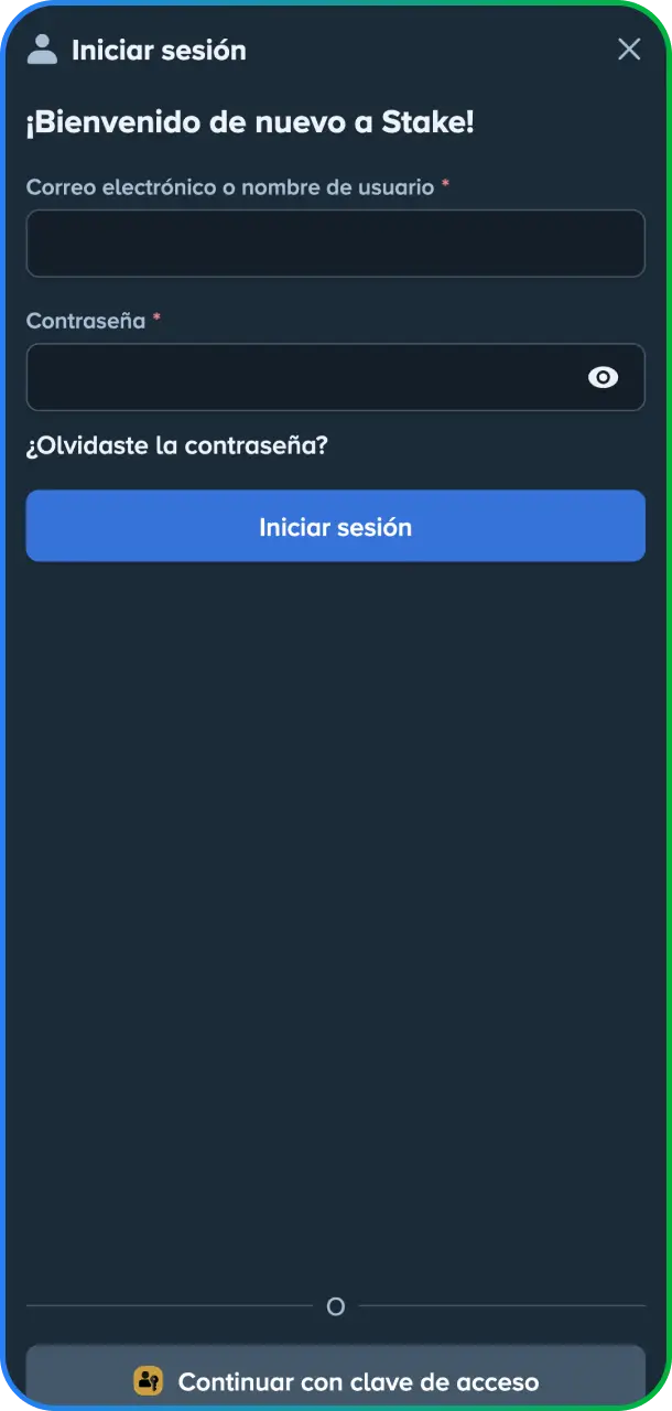 Creá un usuario nuevo o ingresá con tus datos existentes para comenzar a jugar desde la app de Stake México.