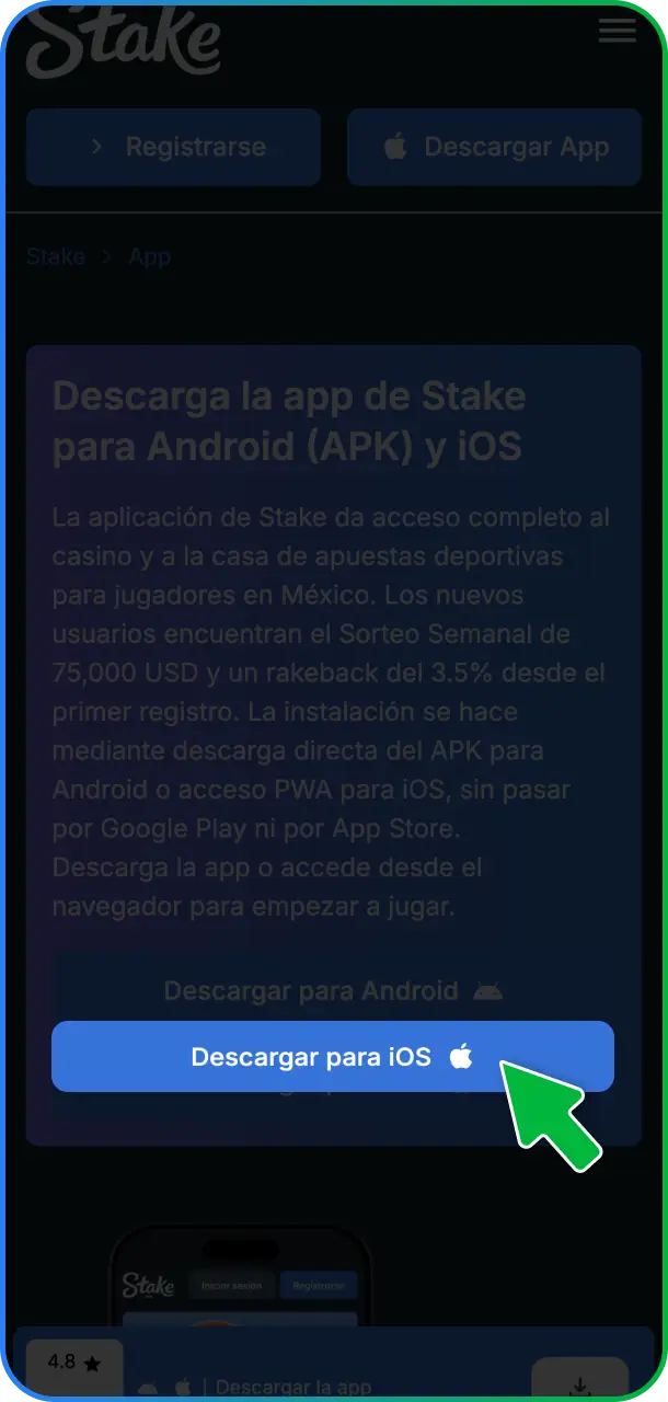 Abrí el sitio web oficial de Stake México utilizando el navegador Safari desde tu dispositivo iOS.
