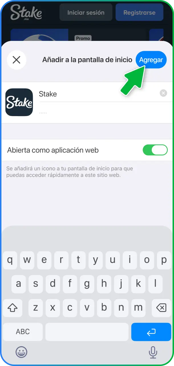 Asigná un nombre al acceso directo y confirmá la instalación en tu iPhone o iPad en Stake México.