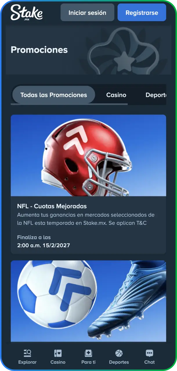 Captura de pantalla de la sección de bonos y promociones exclusiva en la app móvil de Stake México.