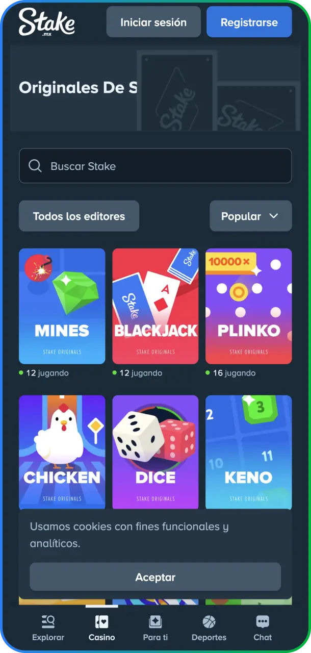 Captura de pantalla del catálogo de juegos de casino adaptado para dispositivos móviles en la app de Stake México.