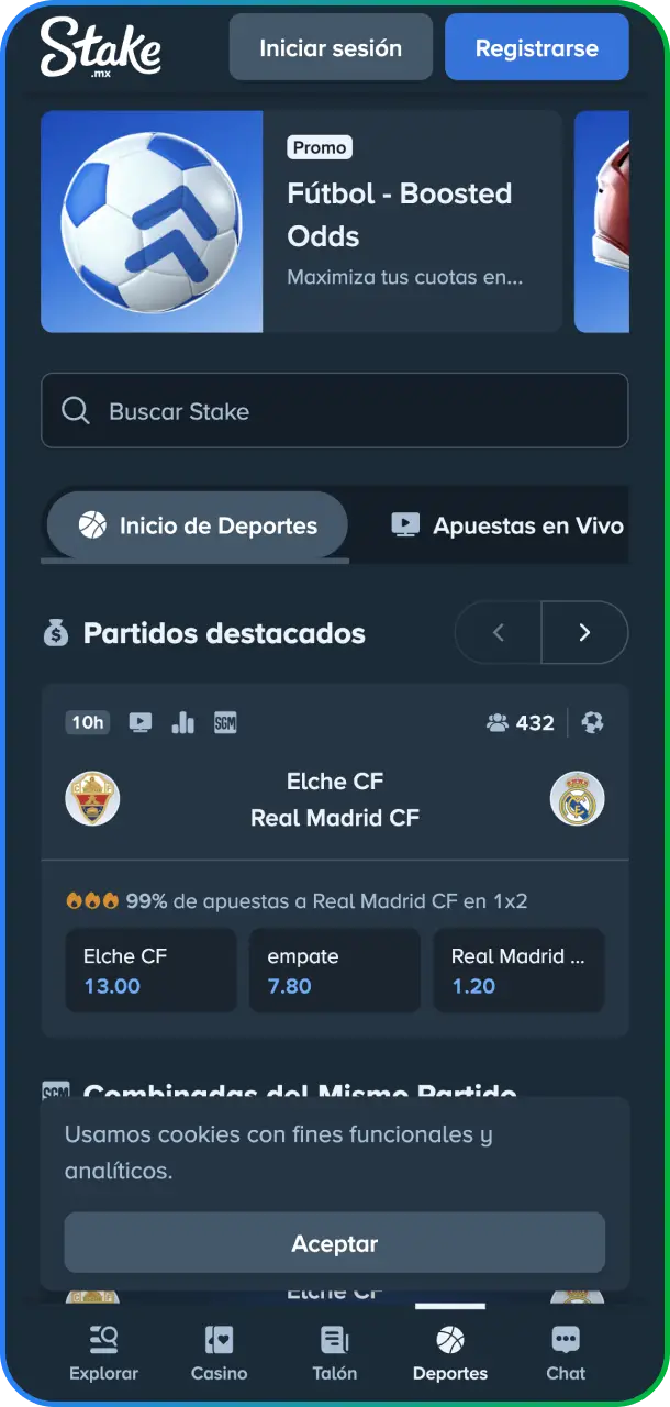 Captura de pantalla de la interfaz de apuestas deportivas y mercados en vivo en la app de Stake México.