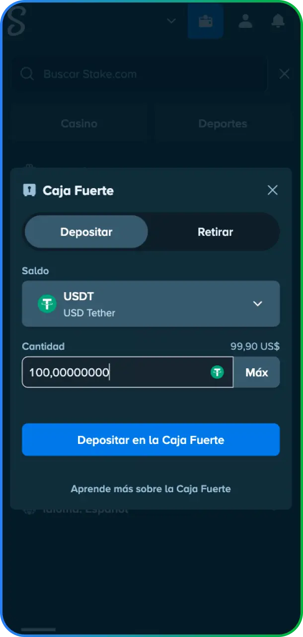 Captura de pantalla del menú del cajero para depósitos y retiros desde la app móvil de Stake México.
