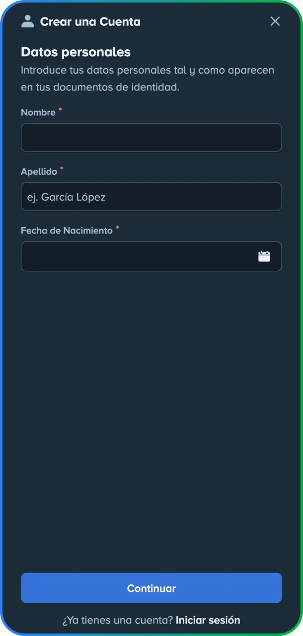 Captura de pantalla del formulario de registro de usuario optimizado para celulares en la app de Stake México.