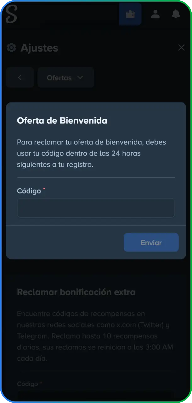 Ingresá tu código promocional en la casilla correspondiente durante el registro o en el cajero de Stake México.