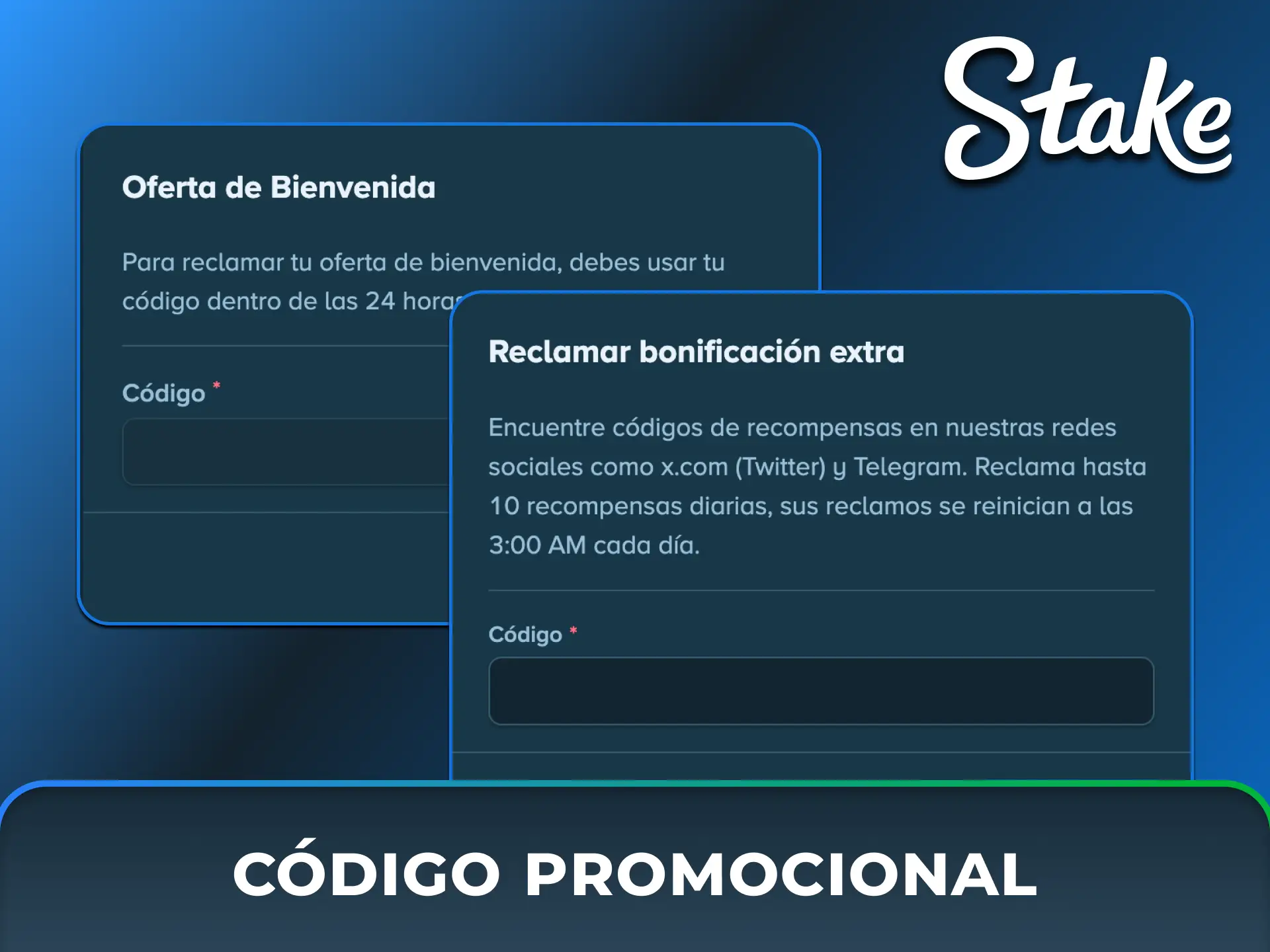 Ingresá tu código promocional exclusivo al registrarte o depositar para desbloquear recompensas adicionales en Stake México.