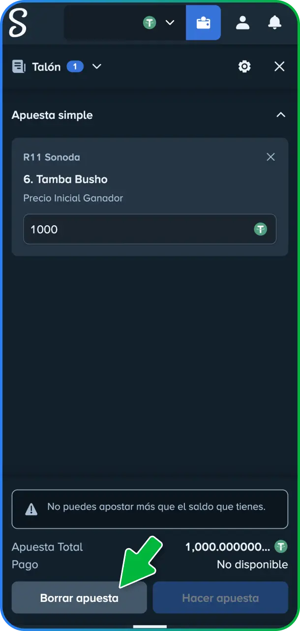 Revisá el boleto con el monto elegido y confirmá tu apuesta para finalizar la jugada en Stake México.