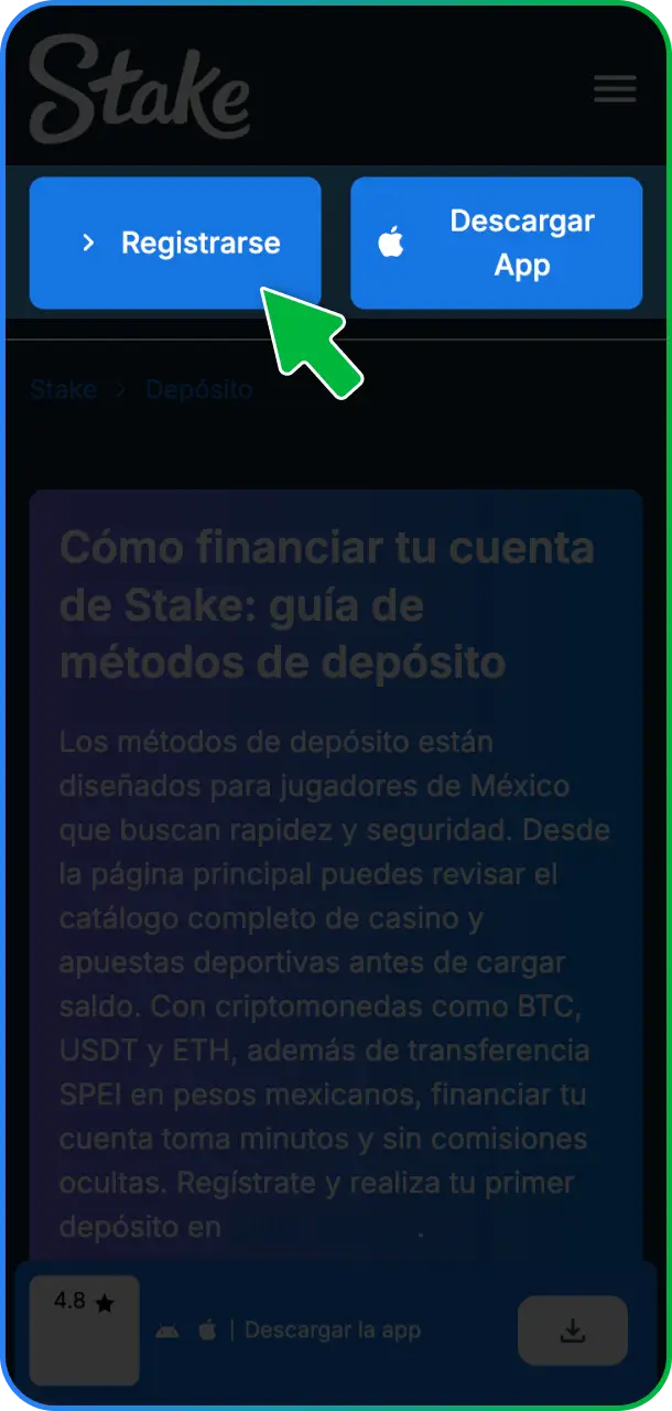 Creá un usuario nuevo o ingresá a tu cuenta existente para acceder a la plataforma de Stake México.
