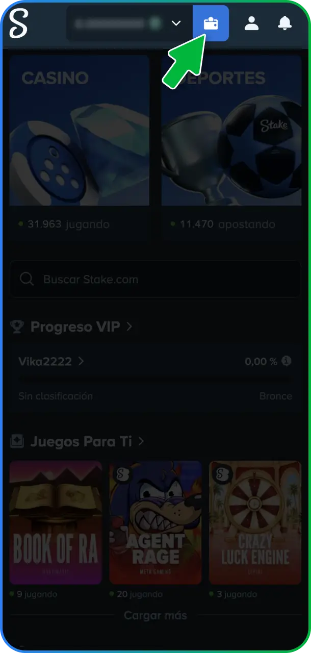 Dirigite a la sección superior y abrí tu Cartera (Wallet) para gestionar tus fondos en Stake México.
