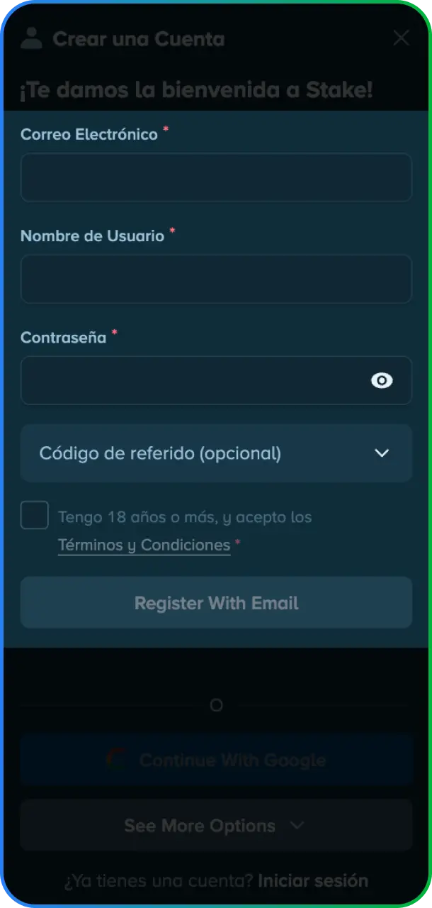 Completá el formulario de registro rápido para crear tu cuenta oficial en Stake México.