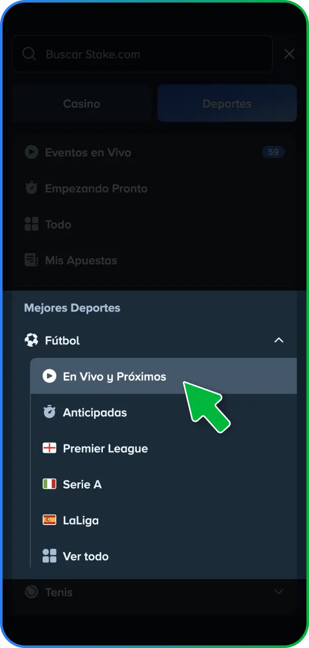 Ingresá a la sección de apuestas deportivas y seleccioná la categoría de fútbol en Stake México.