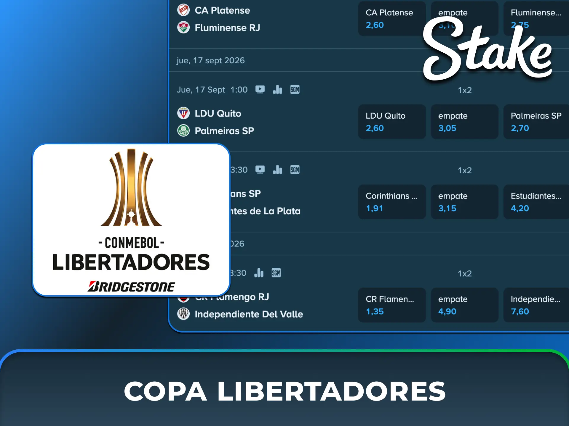 Realizá tus pronósticos en la Copa Libertadores y acompañá el fútbol sudamericano en Stake México.