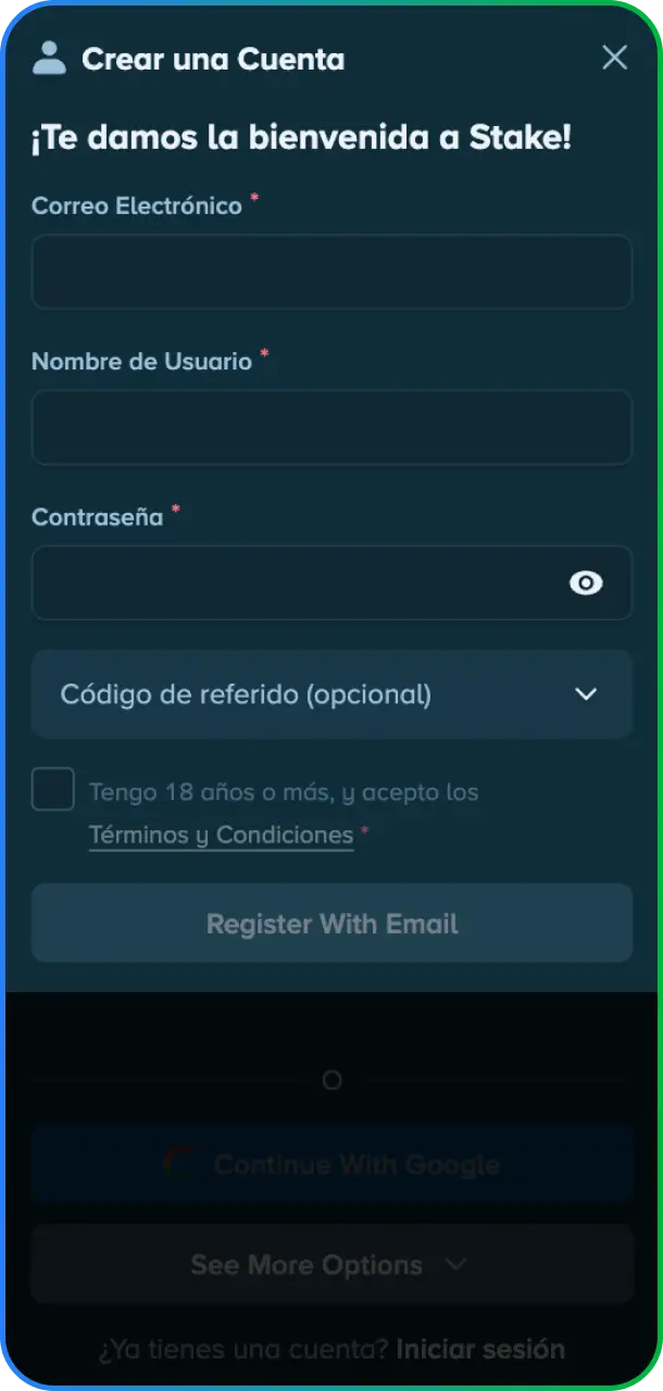 Ingresá tus datos personales, correo electrónico y contraseña para completar el proceso de registro en Stake México.