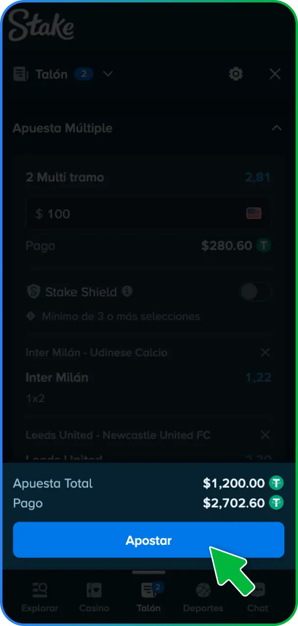 Revisá los detalles del boleto y hacé clic en confirmar para procesar tu apuesta en Stake México.