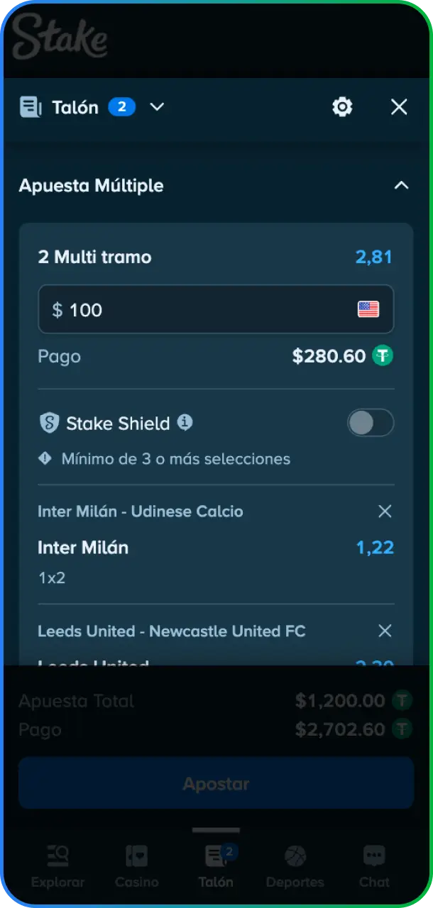 Elegí el tipo de apuesta (simple, combinada o sistema) e ingresá el monto que querés apostar en Stake México.