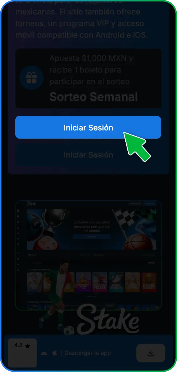 Ingresá a tu cuenta de Stake México utilizando tu nombre de usuario y contraseña.