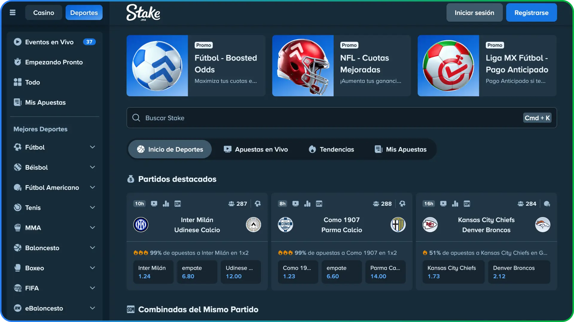 Captura de pantalla del panel principal de apuestas deportivas y mercados en vivo en Stake México.