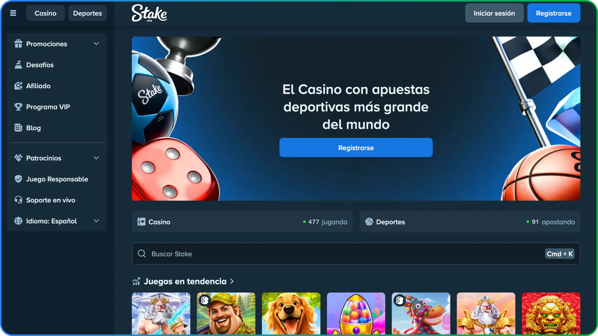 Captura de pantalla de la página de inicio oficial de la plataforma Stake México.