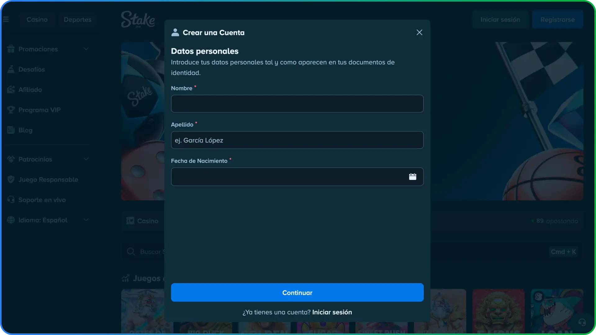 Captura de pantalla del formulario interactivo para registrar una cuenta en Stake México.