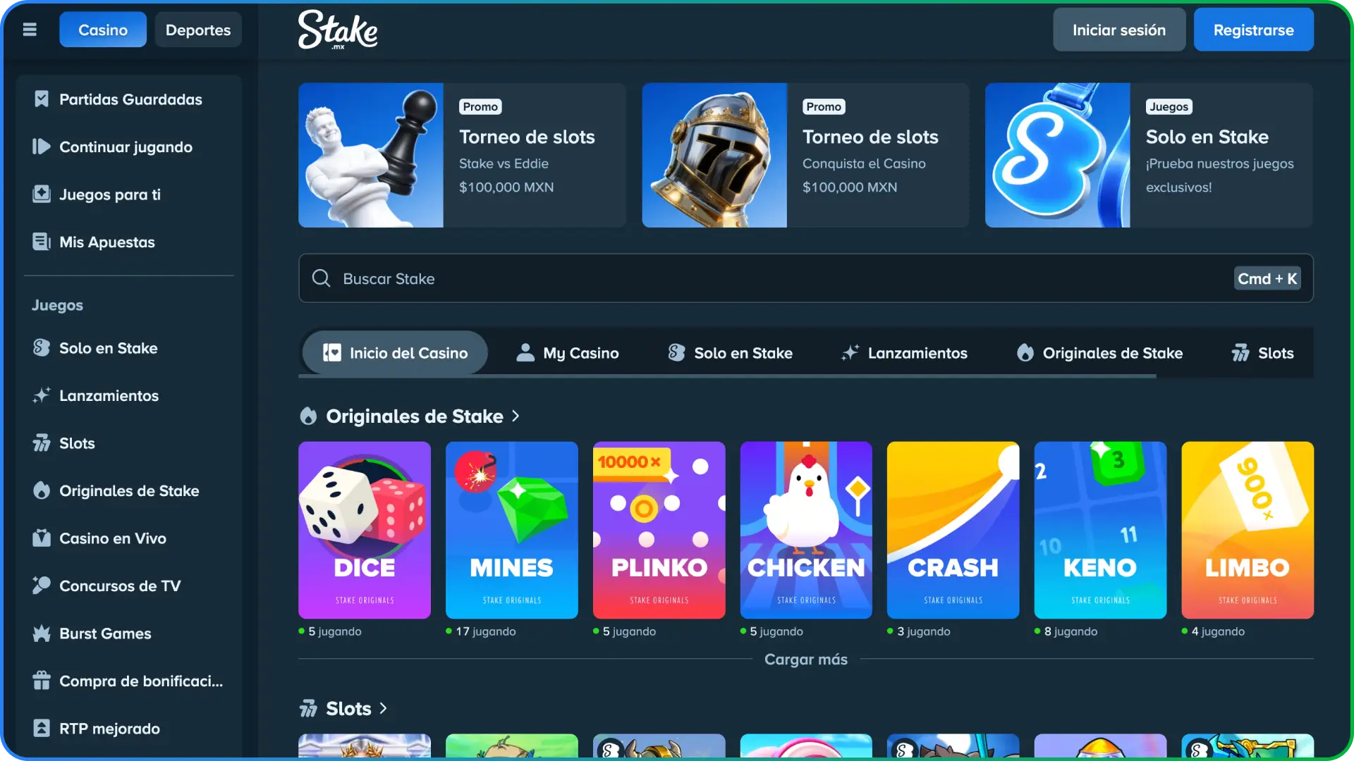 Captura de pantalla del catálogo de tragamonedas online y slots populares en Stake México.