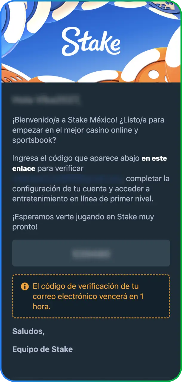 Revisá tu bandeja de entrada y confirmá el enlace enviado a tu correo electrónico para verificar tu cuenta en Stake México.
