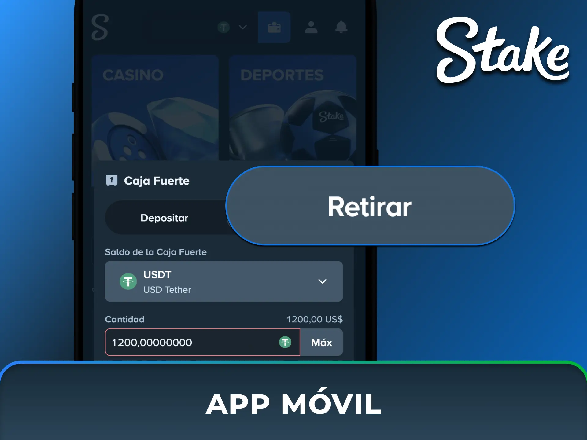 Pasos para retirar fondos fácilmente a través de la aplicación móvil de Stake México.