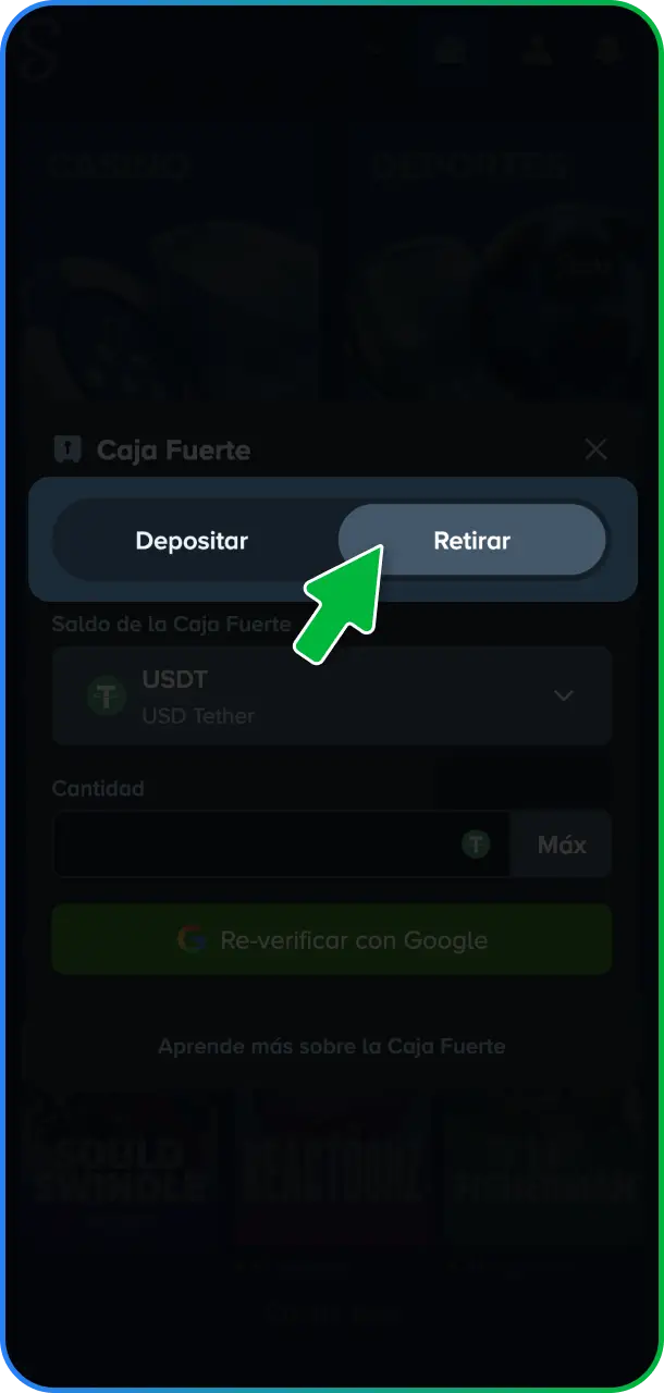 Dirigite a la sección del cajero en tu panel de usuario para gestionar las salidas de saldo en Stake México.