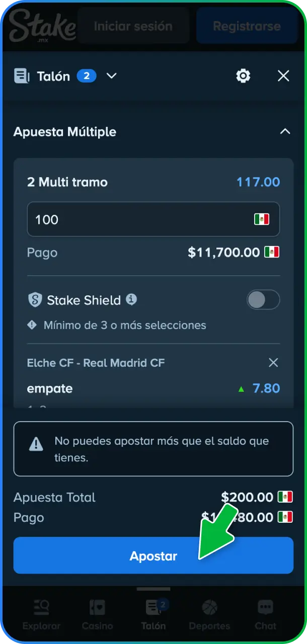 Ingresá el monto deseado en el boleto y hacé clic en confirmar para validar tu apuesta de waterpolo en Stake México.