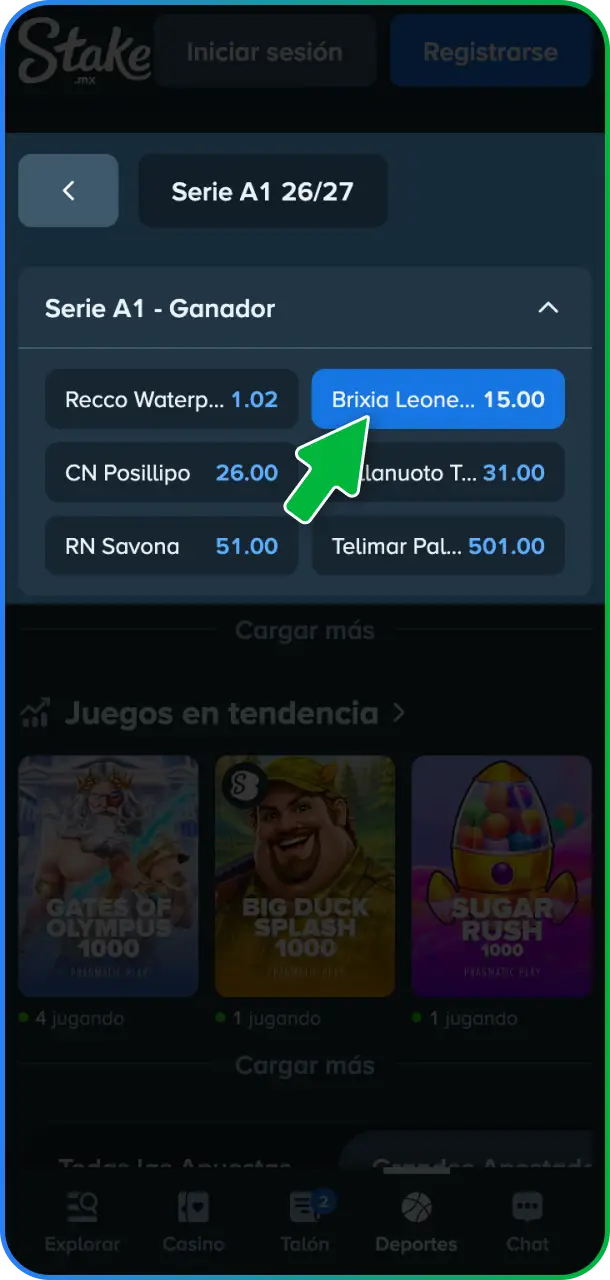 Elegí el partido de tu interés y selecciona el mercado de apuesta preferido en Stake México.