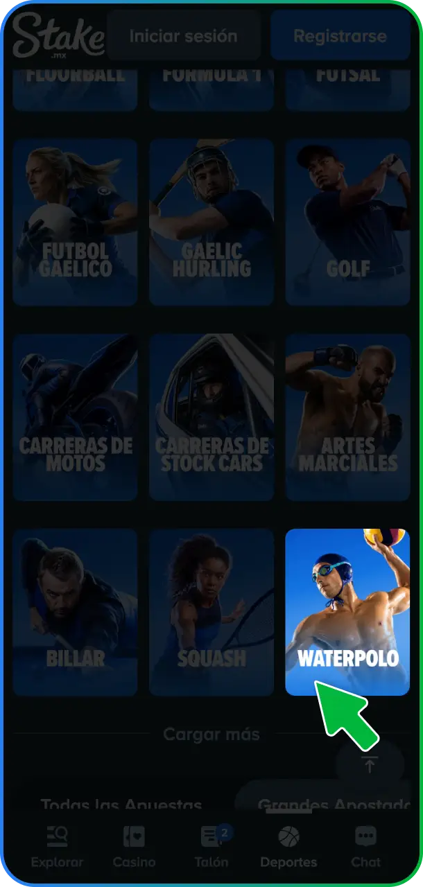 Buscá la categoría de Waterpolo en el menú de deportes de Stake México.